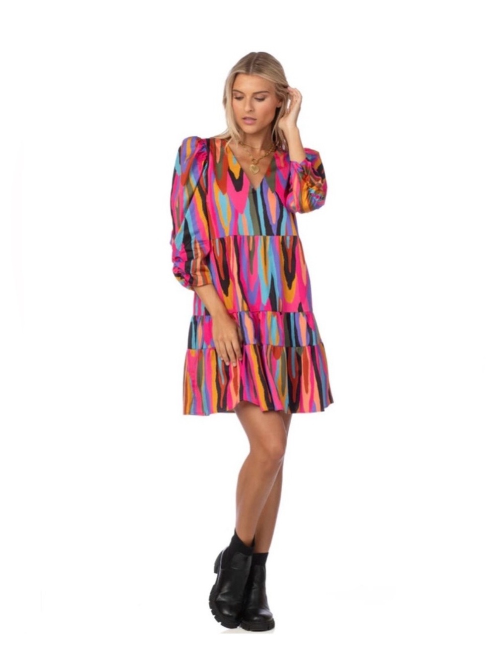 Crosby By Mollie Burch Funky Town Print Cotton Sateen Tiered Dress Size M